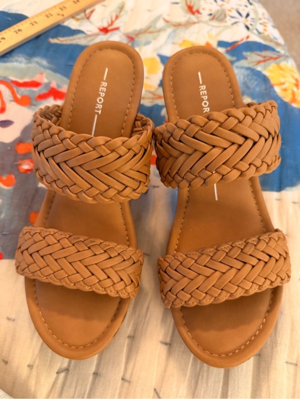 REPORT 7.5 Slides Sandals Block Heels Tan Nude Braided Straps